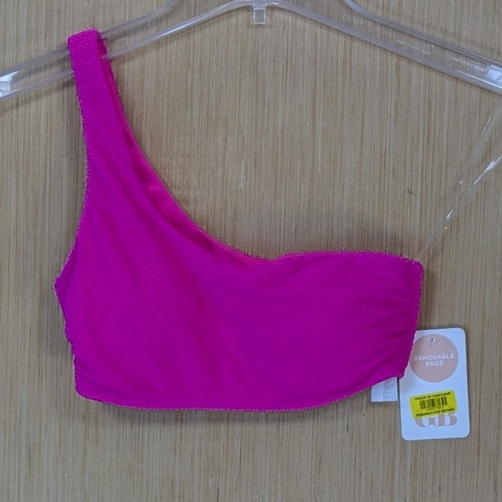 GB Party Favor Pink Crinkle One Shoulder Bikini Top Removable Pads Swim Vacation